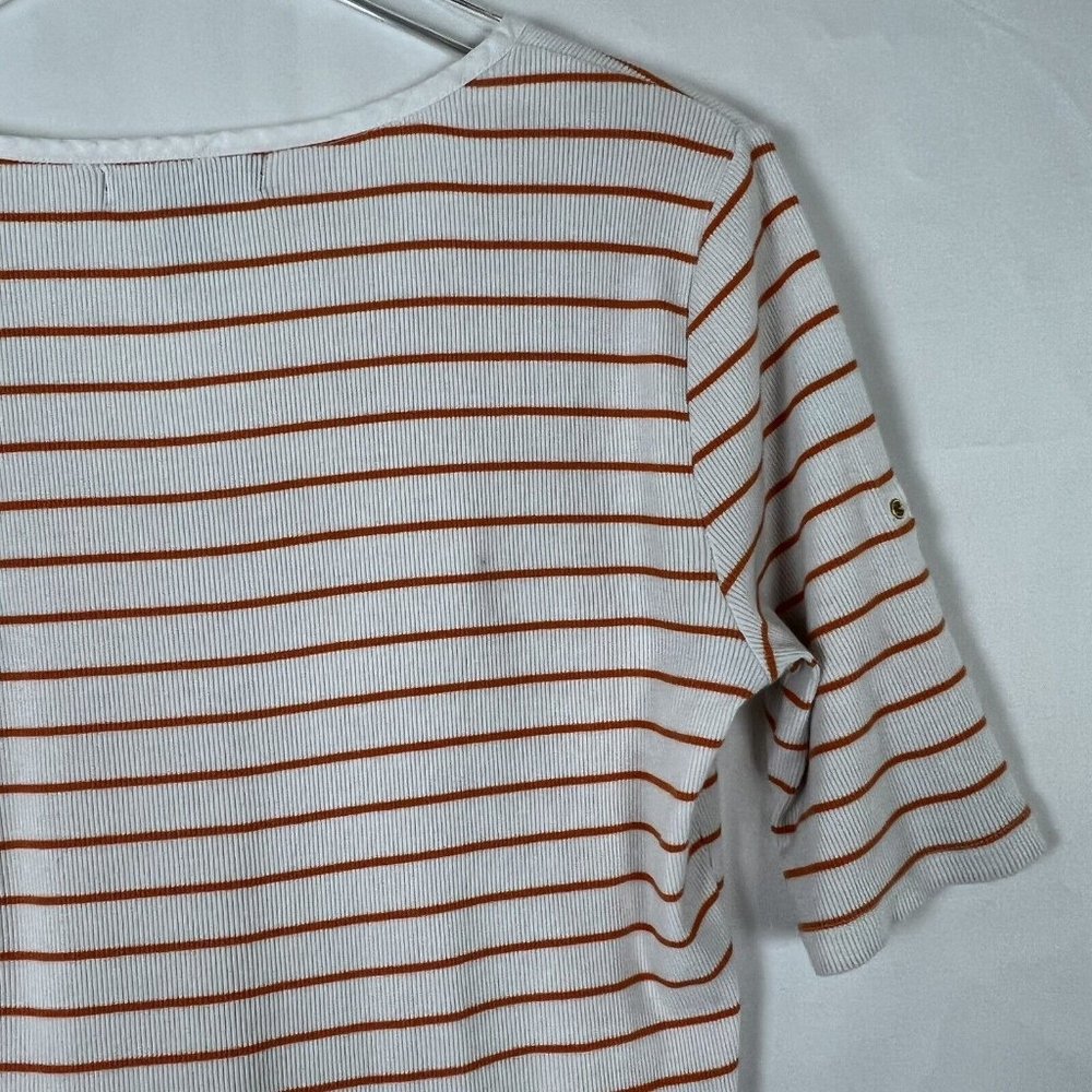 Lauren Ralph Lauren Womens White Orange Stripe Short Sleeve V-Neck Shirt Medium - Picture 10 of 10